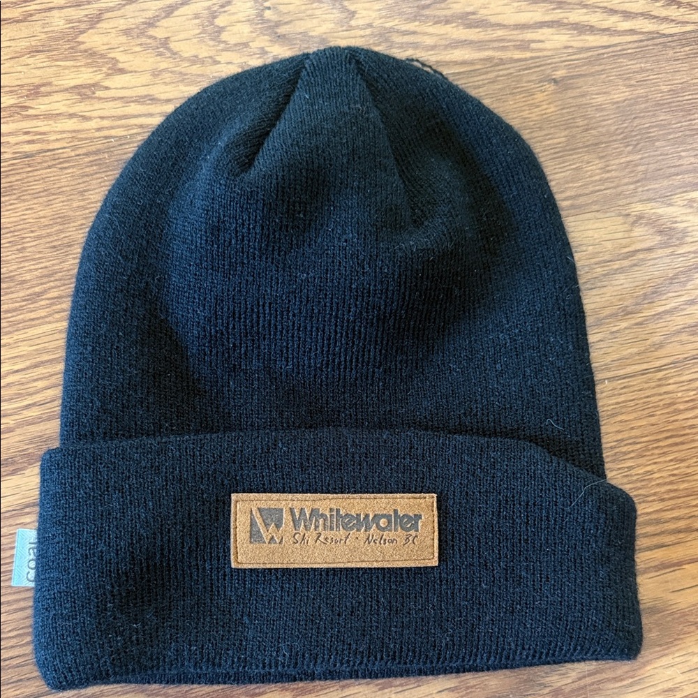 Black Knit Beanie with Leather Patch - Unisex whitewater ski resort